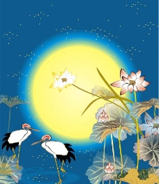 花纹背景鹤与荷花图片