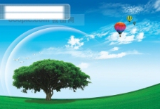 大树 蓝天 绿地 树 绿树 参天大树 蓝天绿地 天空 白云 郊野 风景 气球 热气球 飞鸟 鸟 弧形 画册设计 广告